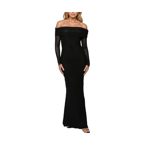 Women's Elegant Off The Shoulder Bodycon Long Sleeve Maxi Dress Mesh Cocktail Party Wedding Guest Formal Dresses