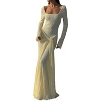 Women's Floral Embroidery Square Neck Long Sleeve Slim Fit Elegant Evening Dress