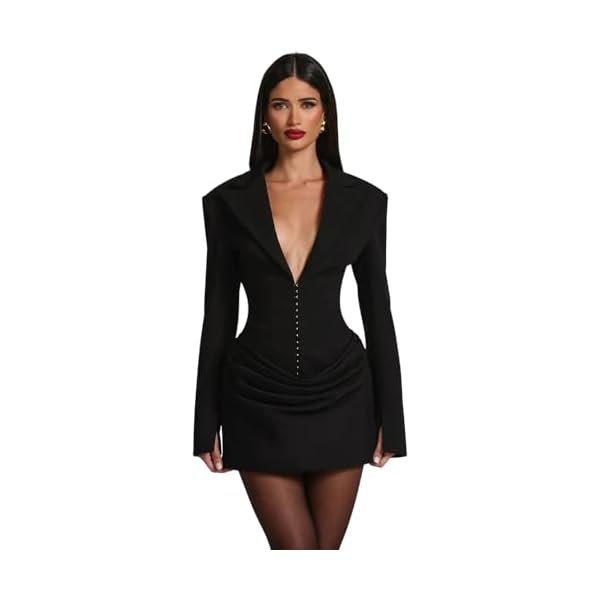 Women's Long-Sleeved Deep V-Neck Pleated Sexy High-Waisted Mini Suit Dress