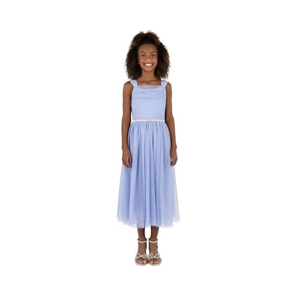 Girls Sleeveless Scoop Neck Tulle Midi Dress with Embellished Waist