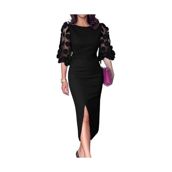 Bodycon Midi Dress for Women Mesh Puff Sleeve Slit Work Cocktail Wedding Dresses with Belt