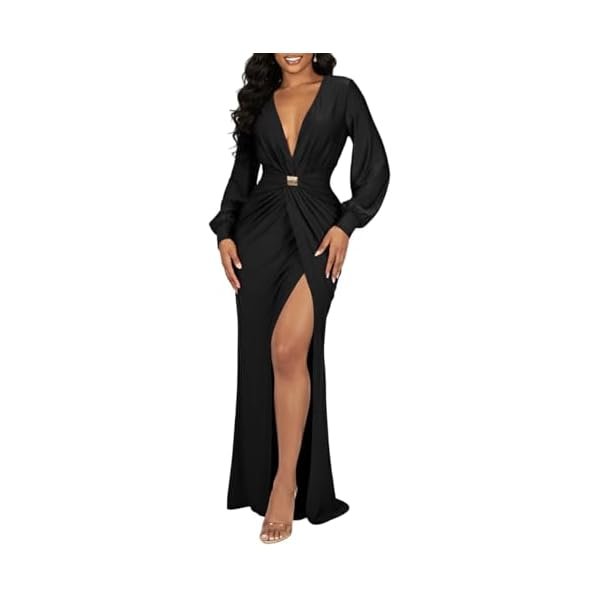 Women Deep V Neck Dress Sexy Long Sleeve Maxi Dress Elegant High Split Formal Cocktail Party Maxi Dress