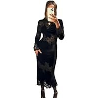 Women's Black Lace-Trimmed Velvet Elegant Long-Sleeved Sheer Slim Fit Midi Dress