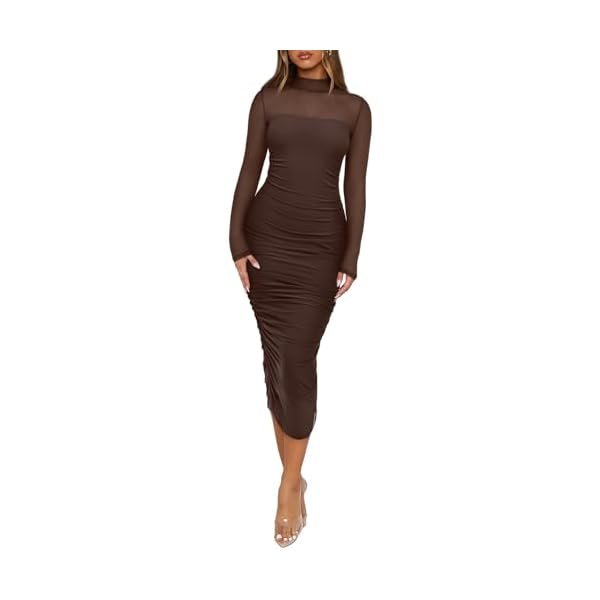 Women's Fall Mesh Sheer Long Sleeve Midi Ruched Bodycon Dress Mock Neck Elegant Evening Party Cocktail Dresses