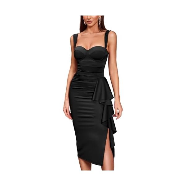 Women's Formal Evening Midi Cocktail Dress Built-in Bra Ruched Sleeveless Slit Ruffle Fall Wedding Guest Dresses