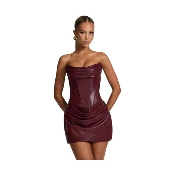 Women's Leather Off-Shoulder Strapless Backless Sleeveless Pleated Sexy mini Dress