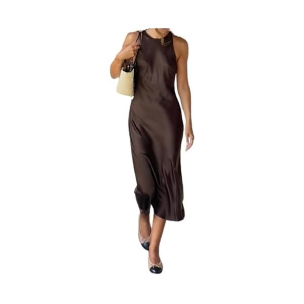 Sleeveless Satin Midi Dress for Women, Elegant High Neck Slim Fit Silky Long Dress, Brown Evening Gown for Formal Events