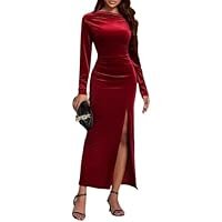 Women's Elegant Solid Color Long-Sleeved Slim-fit Sexy Velvet Evening Gown with a high Slit.