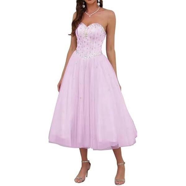 Women's Strapless Tea Length Prom Dress, Tulle Ball Gown with Crystal Beading, Corset Back
