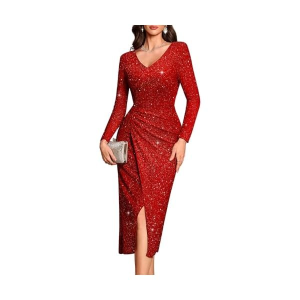 Women Maxi Long Split V Neck Wrap Wedding Guest Dress Long Sleeve Glitter Sequin for Gowns Cocktail