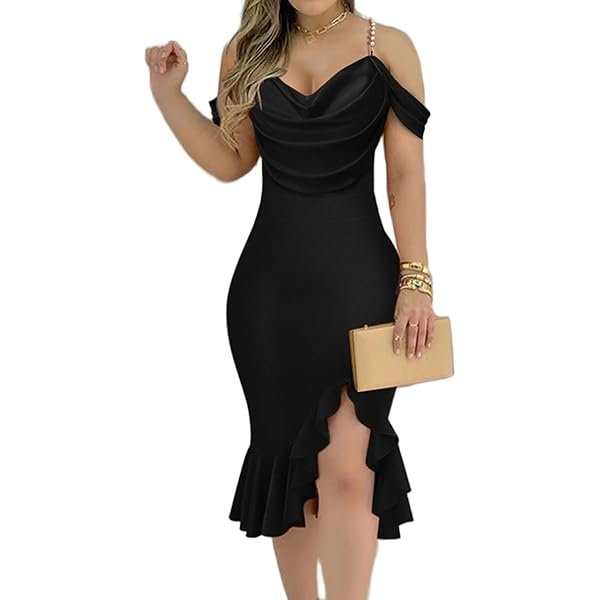 Womens Sexy Bodycon Party Dress Off The Shoulder Pearls Strap Midi Dress Ruffle Hem Cocktail Dresses
