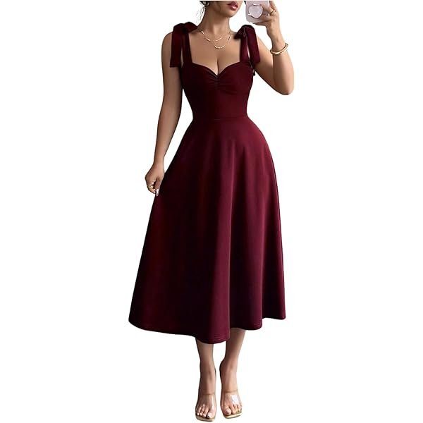 Women's Elegant Bow Midi Dress Sleeveless Ruffle Cocktail Evening Party Dresses