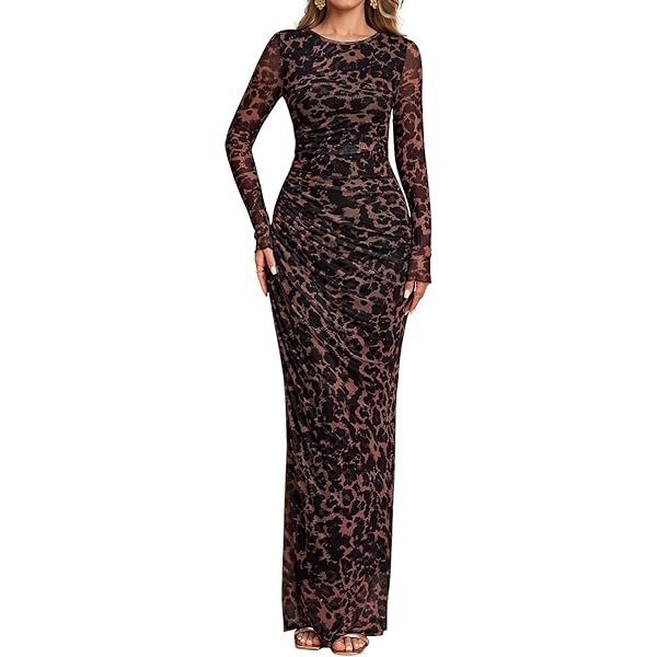 Floral Long Sleeve Maxi Dress Mesh Ruched Bodycon Formal Cocktail Dresses for Women 2026