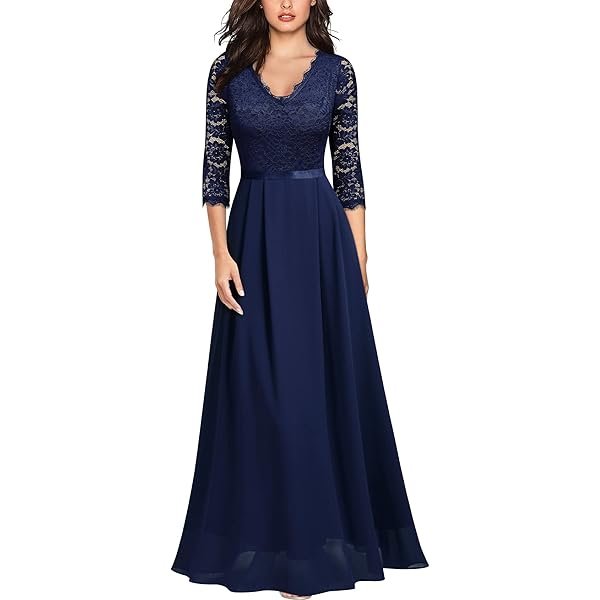 Women's Formal Floral Lace 2/3 Sleeves Long Evening Party Maxi Dress