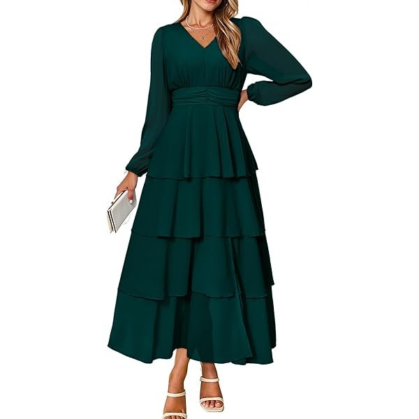 Womens Flowy Maxi Dress Chiffon Long Sleeve Slit V Neck Casual Ruffle Tiered Boho Fall Wedding Guest Long Dress