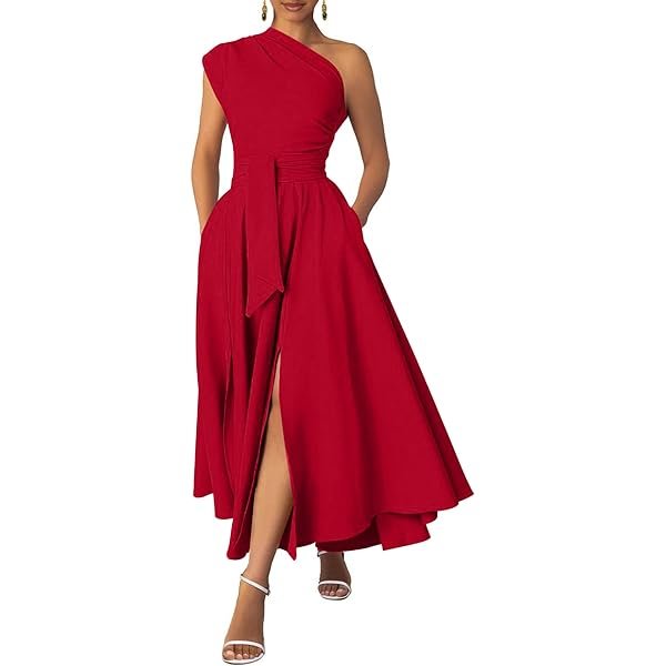 Women's One Shoulder Belted Maxi Dress Long Formal Wedding Guest Dress with Pockets