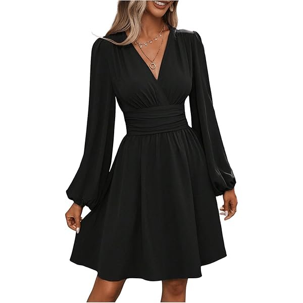 Women's Elegant Dress V Neck Long Sleeve High Waist Swing Prom Cocktail Short Dresses
