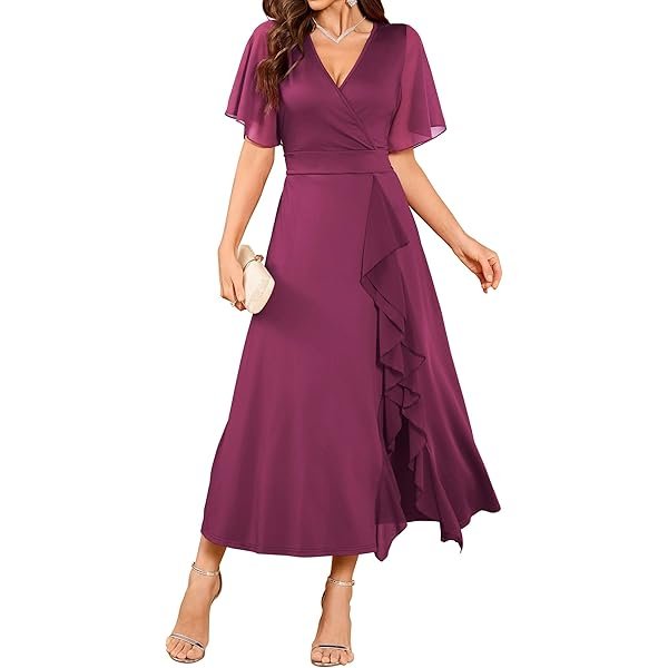 Womens Semi Formal Wedding Guest Dresses Mother of Bride Dresses Split Ruffle V Neck Flared Sleeve Evening Dress 2026