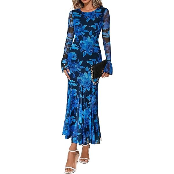 Women's Long Sleeve Floral Maxi Dresses Fall Formal Crewneck Bodycon Mesh Ruffle Wedding Guest Cocktail Party Dress