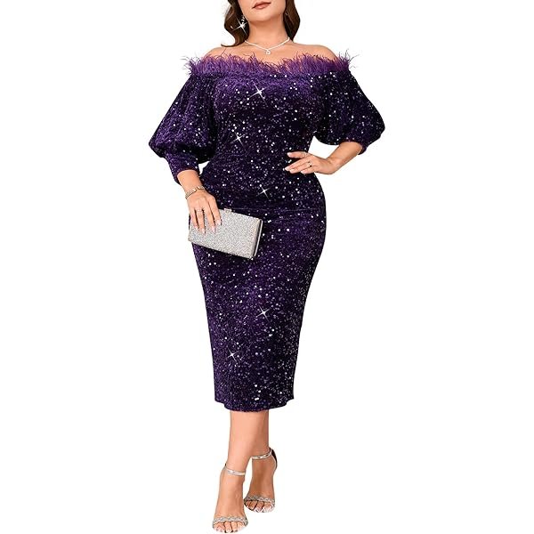 Women Sexy Sequin Off The Shoulder Puff 3/4 Sleeve Bodycon Dress Formal Party Cocktail Evening Midi Dress
